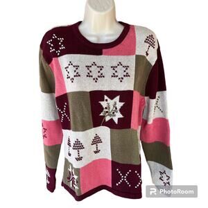 Vintage Christopher & Banks Patchwork Crew Neck Knit Sweater Pink Tan Womens L